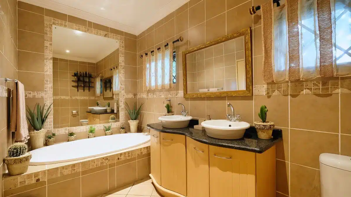 Salle de bain aux teintes naturelles avec murs beige clair, miroir rond et robinetterie en laiton brossé