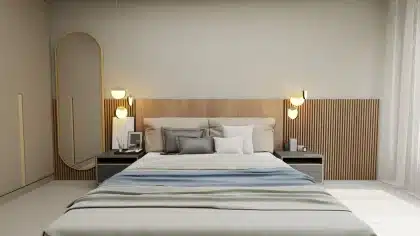 Chambre apaisante avec palette de couleurs neutres, textiles doux et mobilier en bois naturel