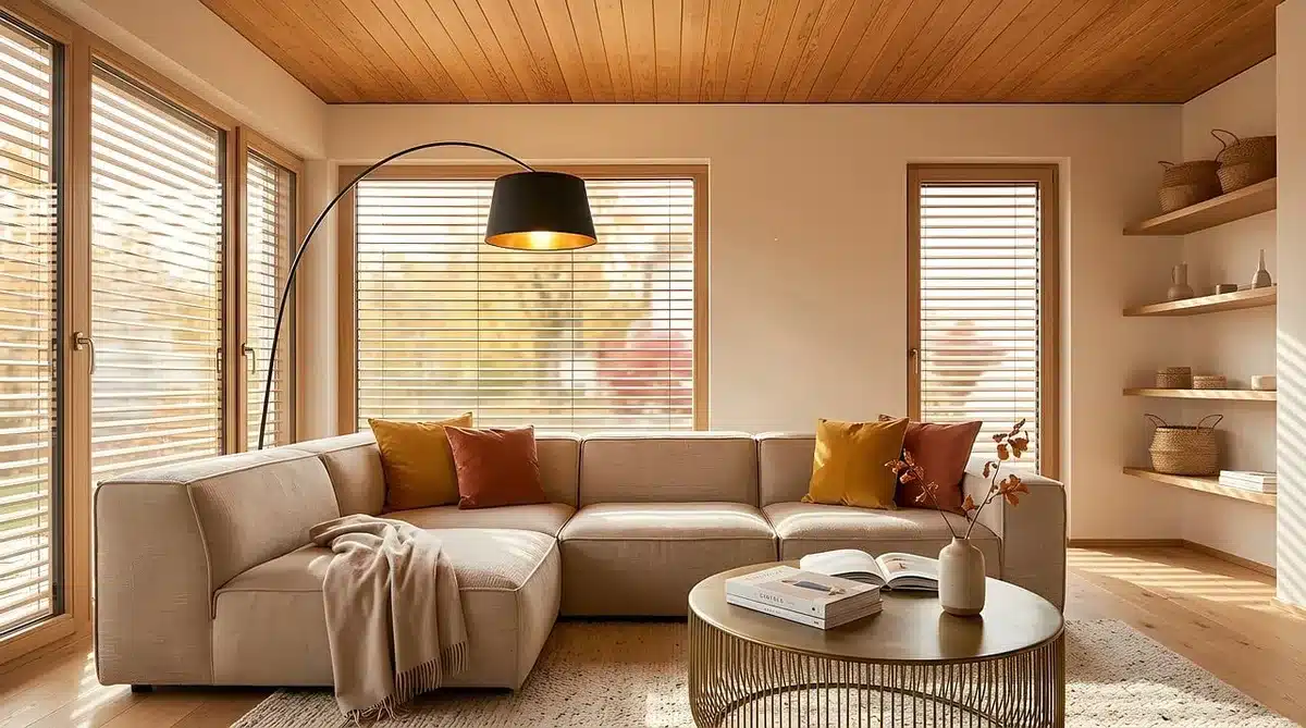 Salon avec plusieurs sources de lumière : suspension, lampadaire et lampes d'appoint